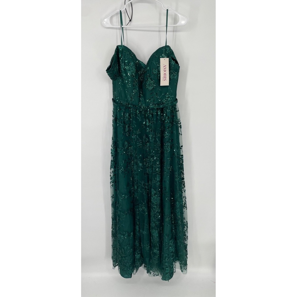 Amoris Dress Women L Green Sequin Embroidery Sweetheart Neck Spaghetti Strap NWT